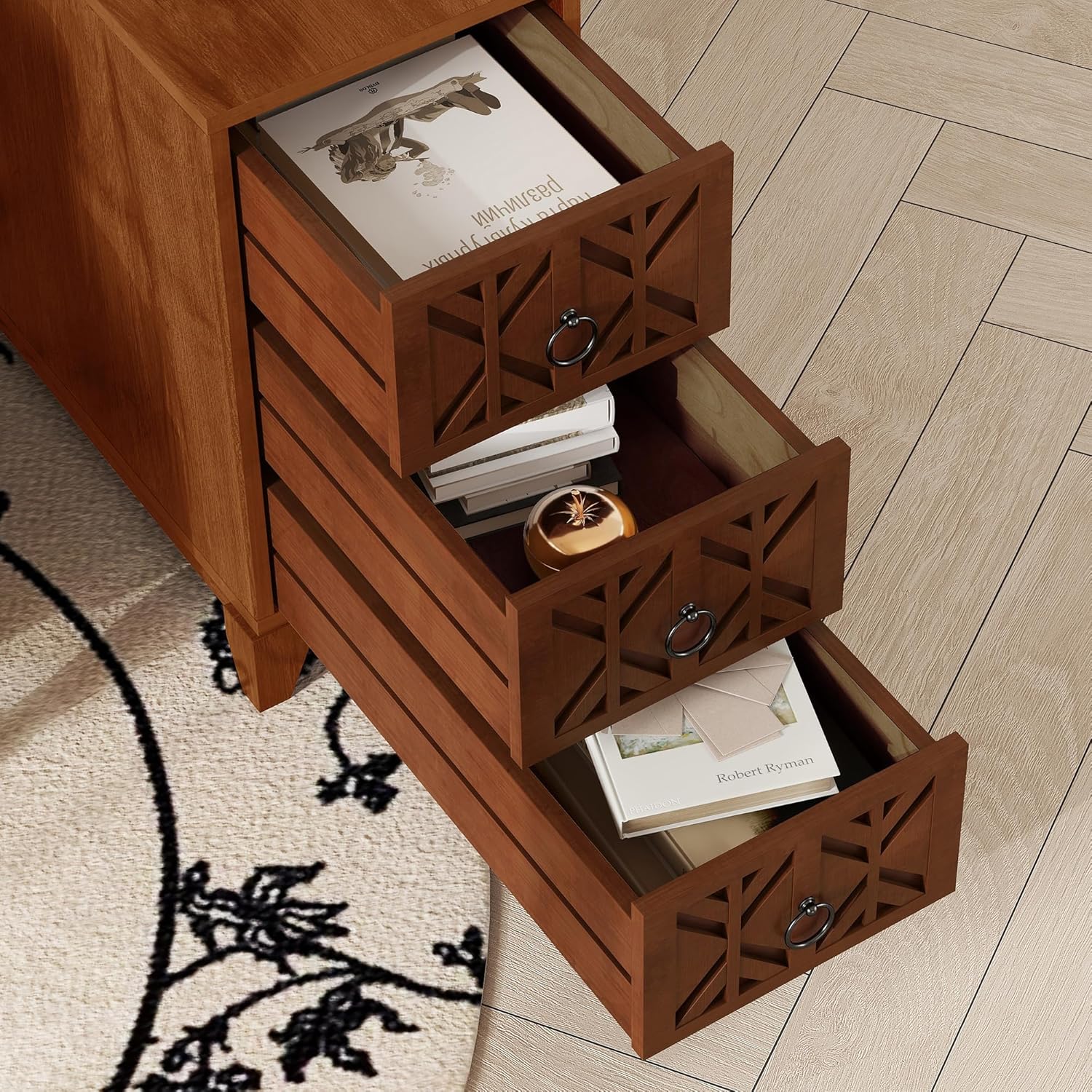 End Table with 3 Drawers and 2 Open Shelves, Walnut Finish Corner Table for Bedroom