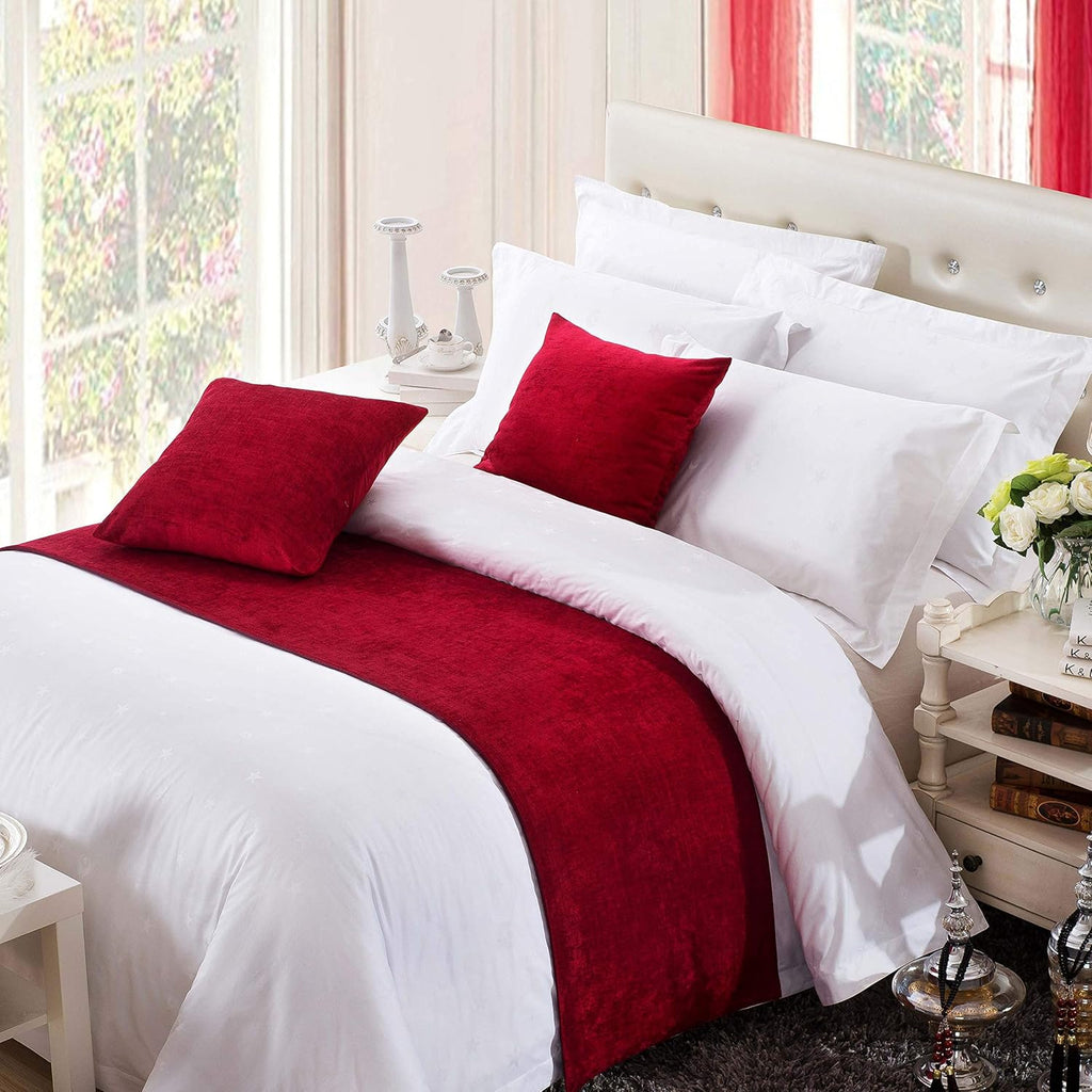 OSVINO Chenille Bed Runner Solid Breathable Modern Bedding Scarf Protection for Bedroom Hotel, Red 260X50cm for 200cm Bed
