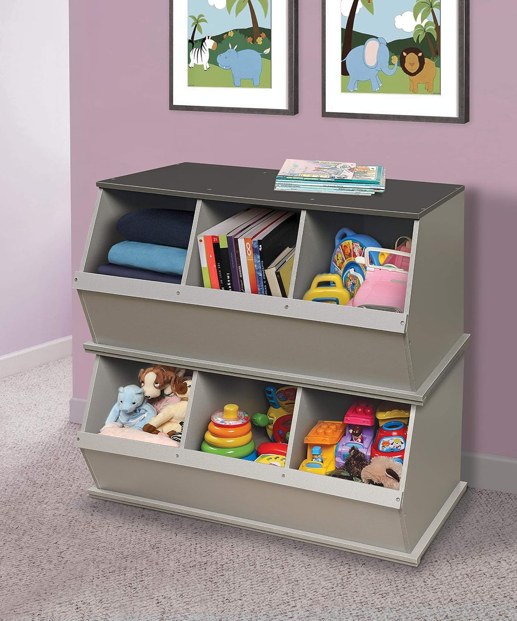 Badger Basket Three-Bin Stackable Storage Cubby – Woodgrain Gray, Expandable Storage with Top Display Shelf for Toys, Crafts & More