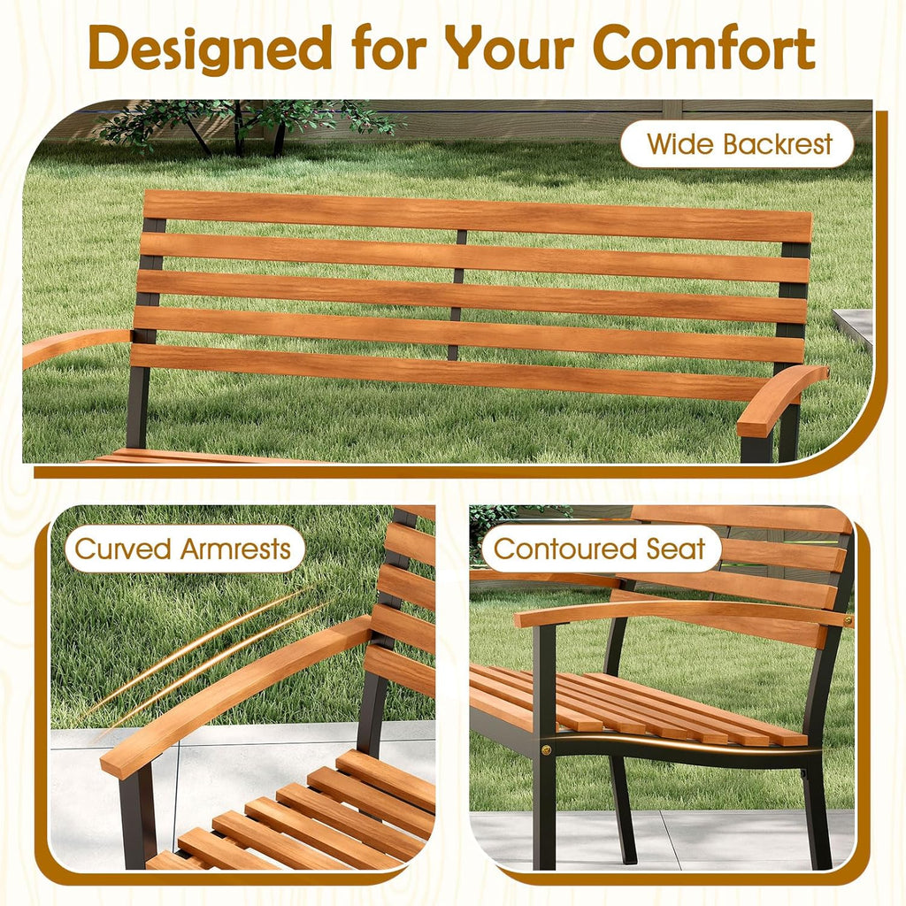 Giantex Outdoor Bench, Acacia Wood Patio Loveseat with Slatted Backrest & Seat, Armrests, Heavy Duty Metal Frame, 800 lbs Capacity, 2-Person Garden Bench for Lawn, Porch, Yard and Park