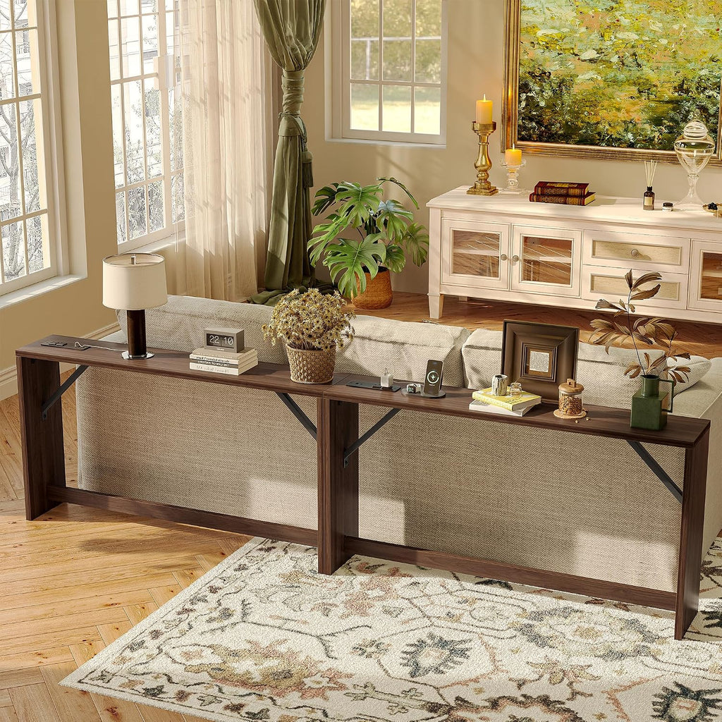 TIQLAB 9.1 Inch Narrow Console Table with Power Outlet,Sofa Table Set of 2，Total Length 94'' Sofa Table Behind Couch，for Entryway&Living Room, Black Walnut