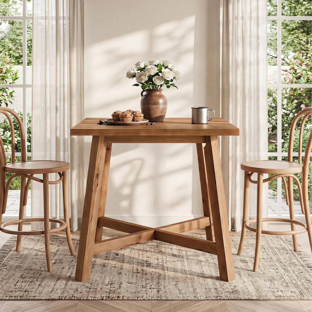 Solid Wood Bar Table, 31.5" Square Counter Height Pub Bistro Table with Footrest for Kitchen Dining Room, Farmhouse Small High Top Cocktail Furniture for Apartment Cafe, Brown