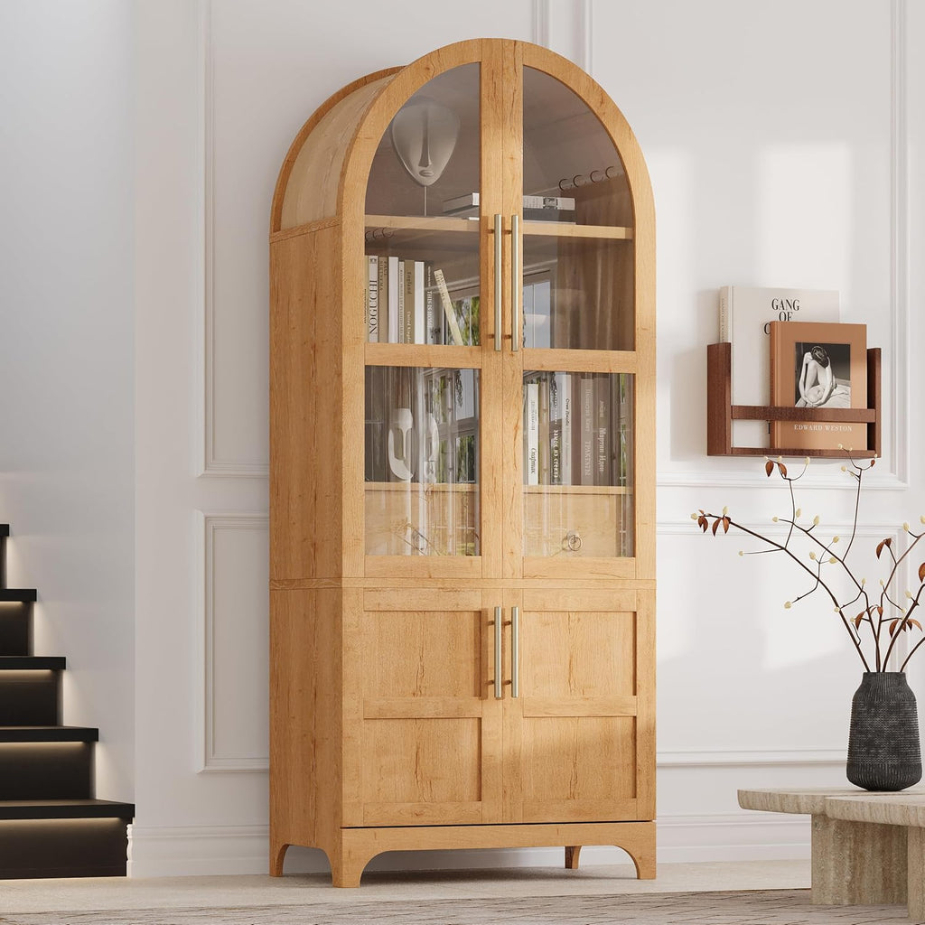Modern 71" Tall Arched Kitchen Pantry with Door Shelves,Storage Cabinets with Open & Adjustable Shelves,Hidden Drawer & Glass Door,for Kitchens Dining Room (Natural#Glass)