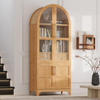 71" Arched Kitchen Pantry Cabinet with Glass Doors, Farmhouse Pantry Cabinet with Door Shelves and Drawer, Tall Cupboard with Adjustable Shelves for Kitchen, Dining Room, Natural
