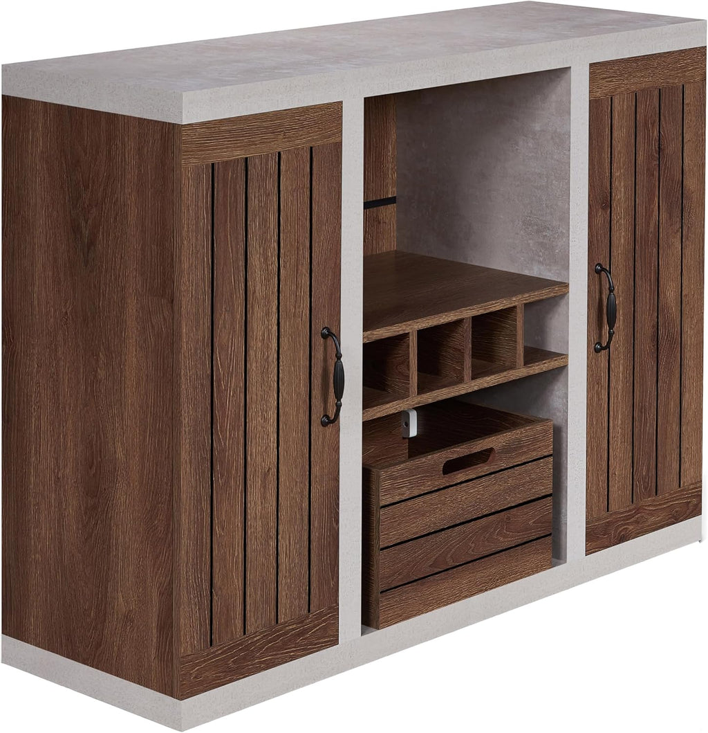 HOMES: Inside + Out Cato Industrial Two-Tone Buffet with Open Shelf, Wine Bottle Holder, Slatted Drawer and Cabinets, Distressed Walnut and Cement