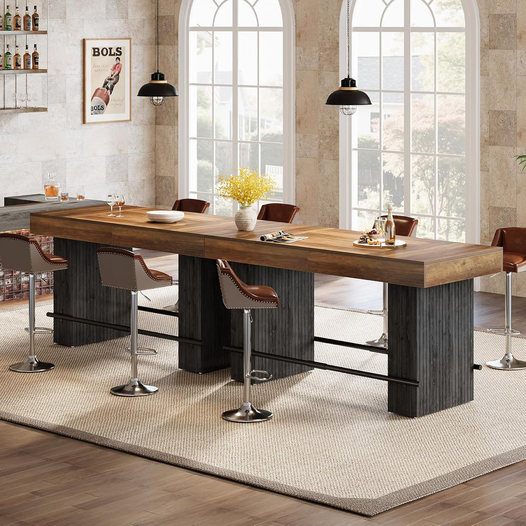 Tribesigns 62.2 Inch Bar Table, Industrial Counter Height Pub Dining Table, Rectangular Home Bar Units with Metal Footrest for Home Kitchen, Dining Room, Bistro, Brown and Dark Grey