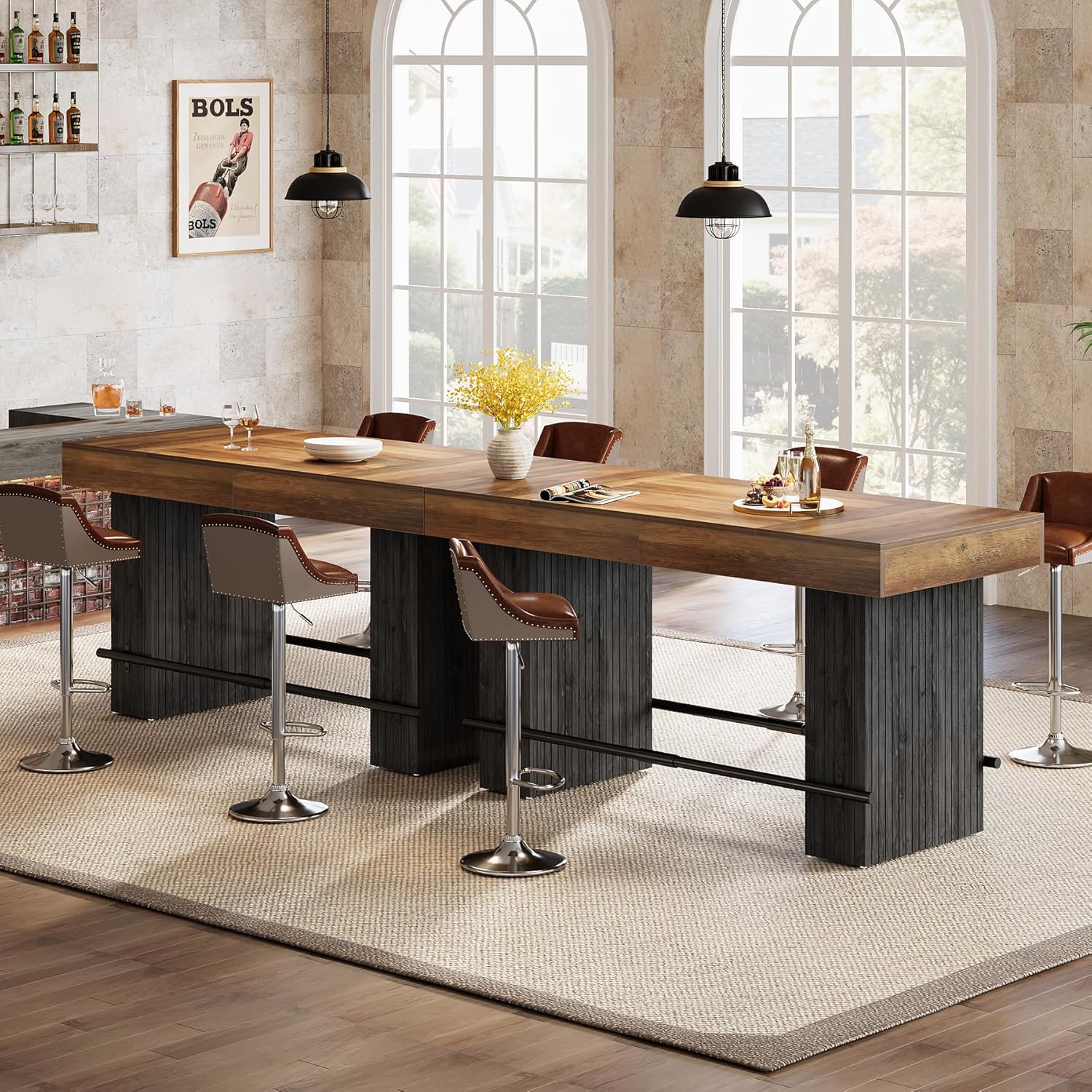 Tribesigns 62.2 Inch Bar Table, Industrial Counter Height Pub Dining Table, Rectangular Home Bar Units with Metal Footrest for Home Kitchen, Dining Room, Bistro, Brown and Dark Grey