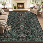 5x7 Area Rugs Living Room Rug: Floral Washable Rug Vintage Boho Soft No Slip Stain Resistant Carpet Indoor Floor Throw Carpets for Bedroom Hallway Nursery Dining Room Playroom Dark Green Black