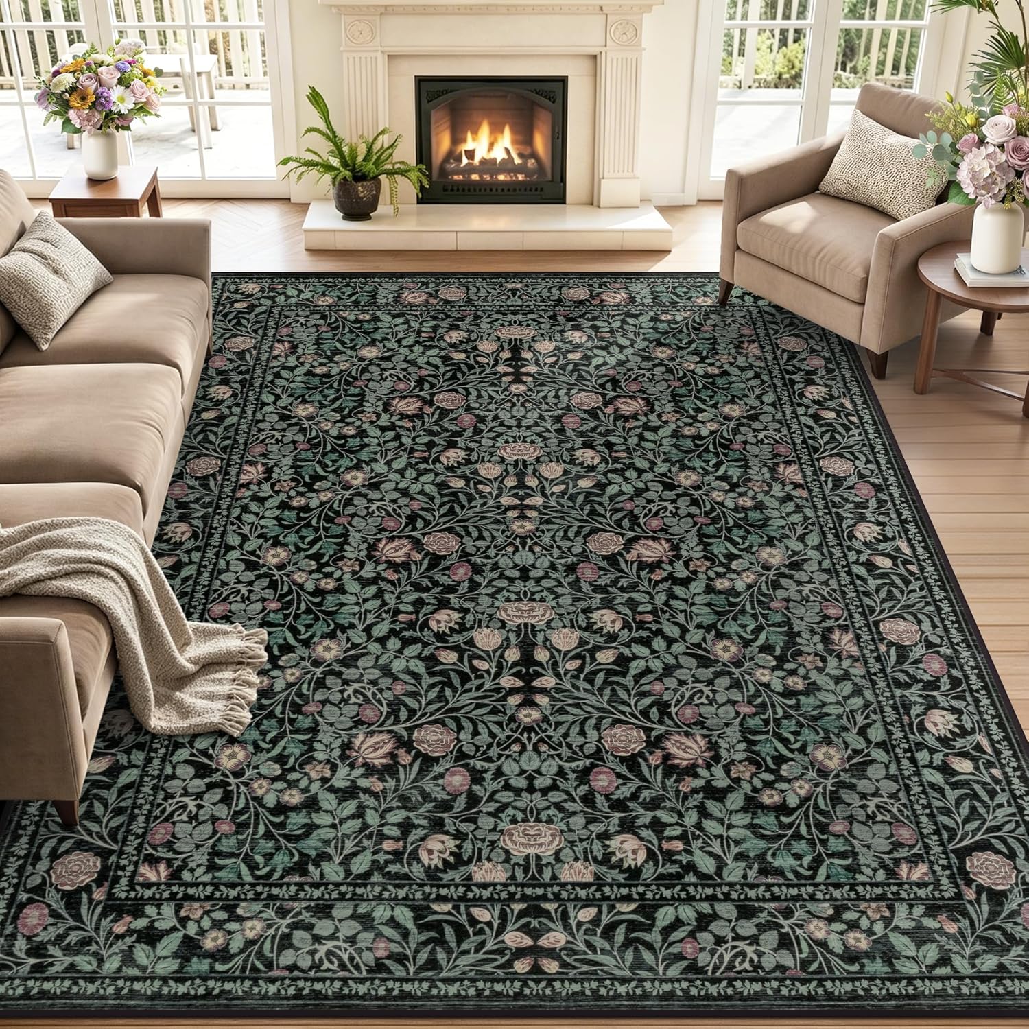 5x7 Area Rugs Living Room Rug: Floral Washable Rug Vintage Boho Soft No Slip Stain Resistant Carpet Indoor Floor Throw Carpets for Bedroom Hallway Nursery Dining Room Playroom Dark Green Black