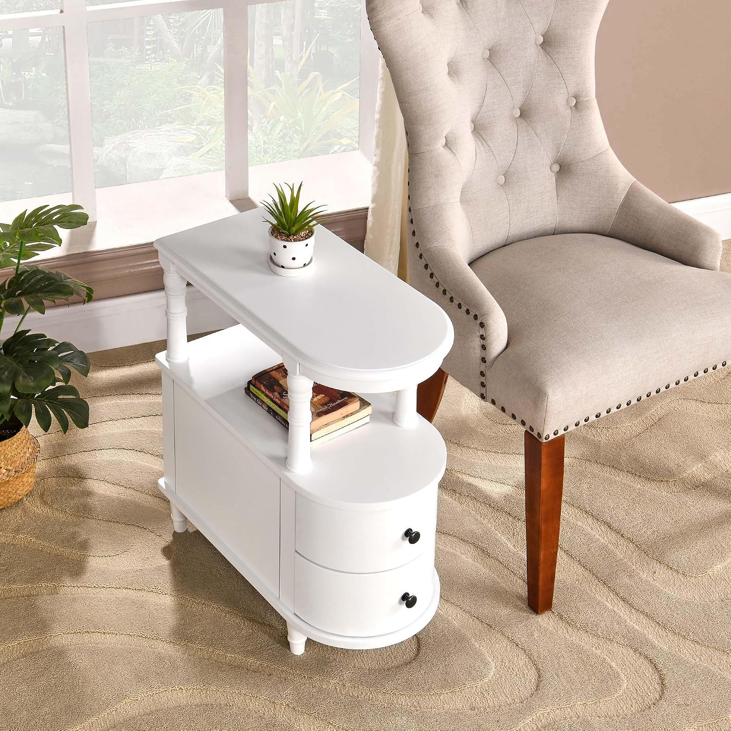 Wood End Table with 2 Drawers and Storage Shelf, Narrow Sofa Side Table for Living Room, Vintage Slim Nightstand Bedside Table for Bedroom, Slim Chair Side Table White BGA508WT