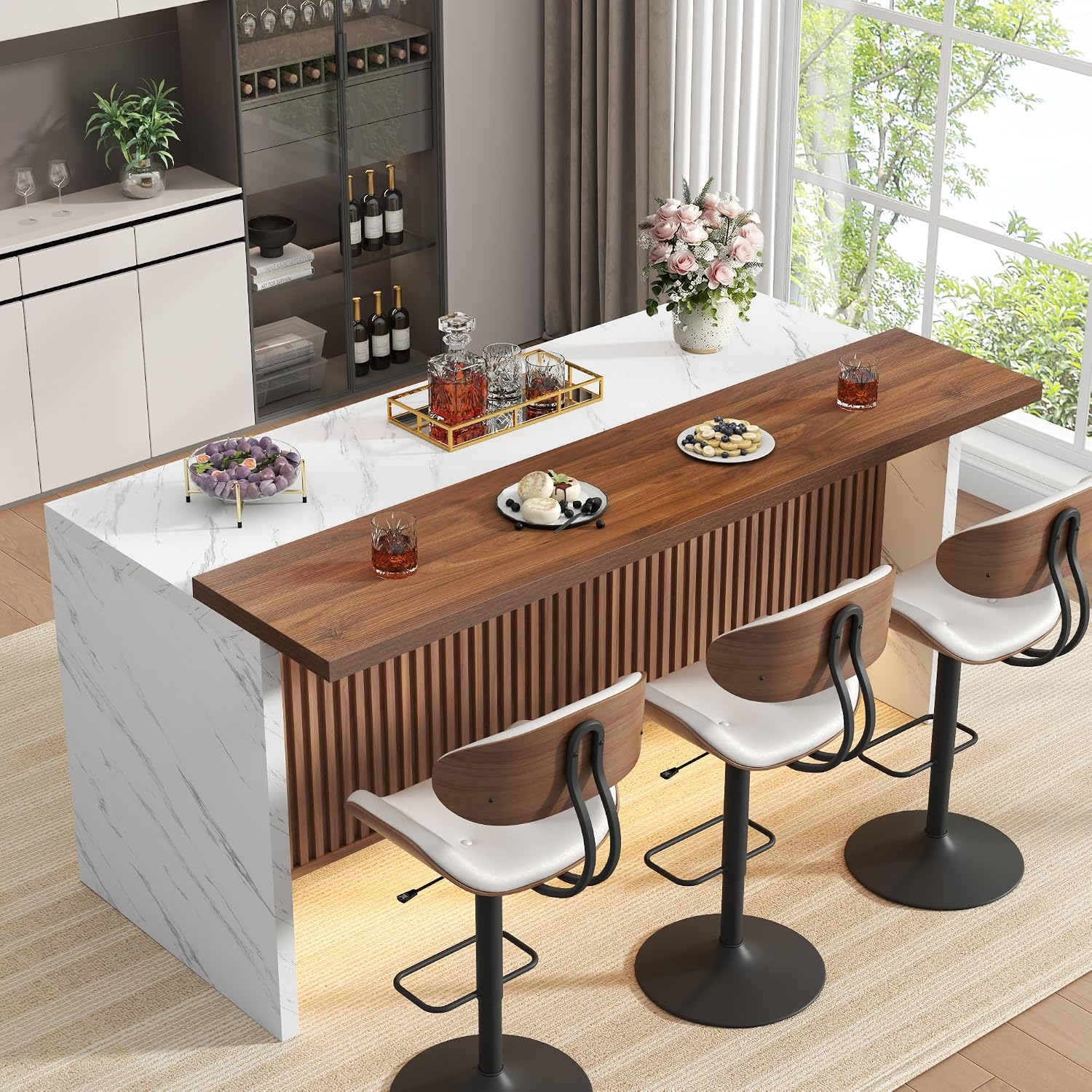 Gyfimoie 71" Large Imitation Marble Bar Table,Island Table with LED Lights | Mordern Marble Stripes Dining Table with Grille Design for Home Kitchen, Living Room, Balcony, Basement (White+Brown)