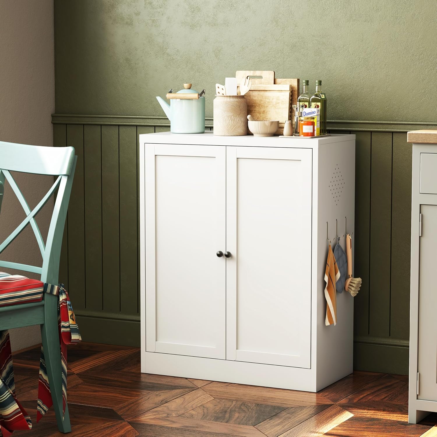 34.6" White Metal Pantry Cabinet with Adjustable Shelves, Freestanding Kitchen Storage Organizer, Easy-Grip Handles for Kitchen Dining Room Apartment, Durable Steel Frame with Cust