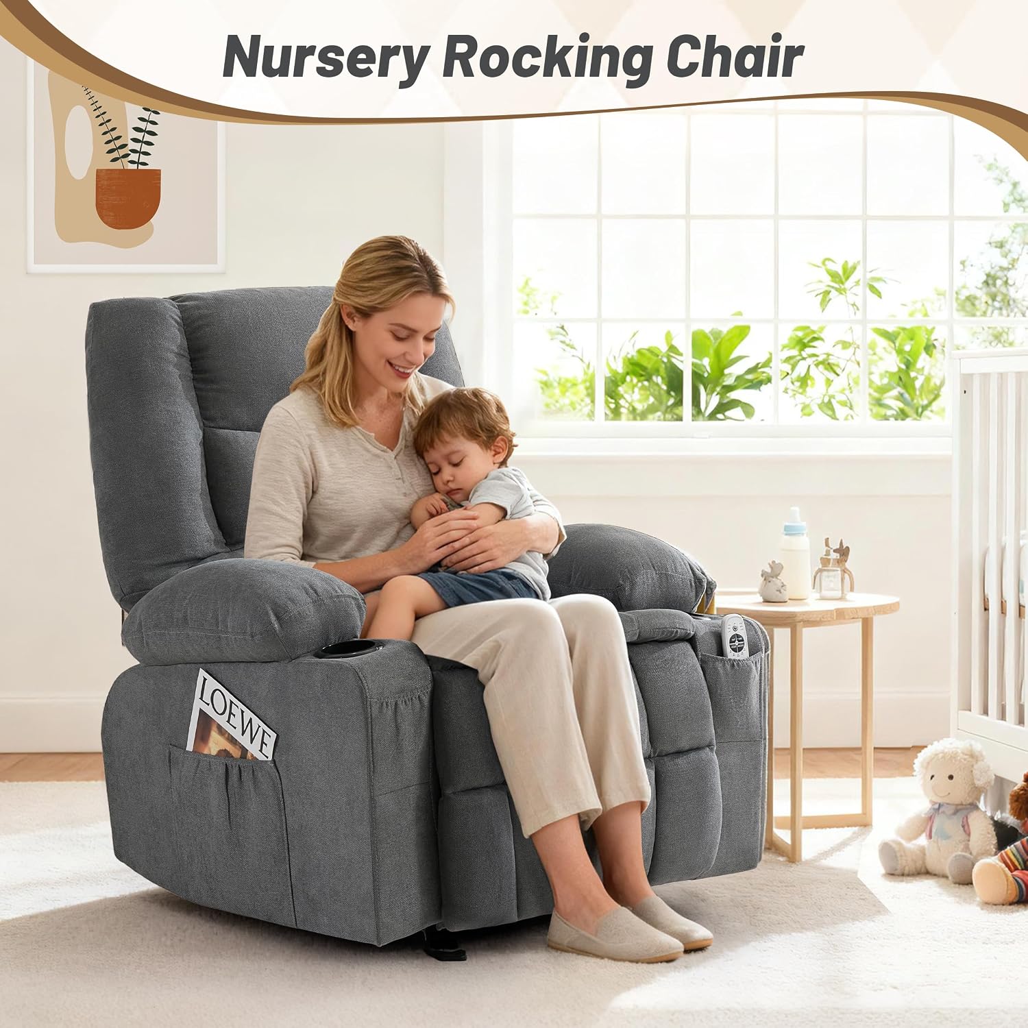 Rocker Recliner Chair with Massage and Heat, Nursery Rocking Chairs for Living Room, Ergonomic Comfy Relining Chair with Cup Holders, USB Charge Port, Side Pockets, Comfortable Arms, Grey