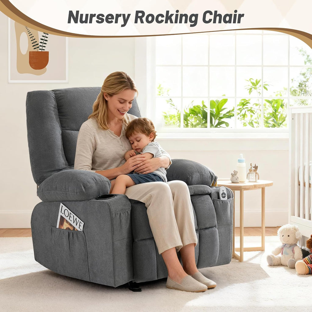 Rocker Recliner Chair with Massage and Heat, Nursery Rocking Chairs for Living Room, Ergonomic Comfy Relining Chair with Cup Holders, USB Charge Port, Side Pockets, Comfortable Arms, Single Sofa, Grey