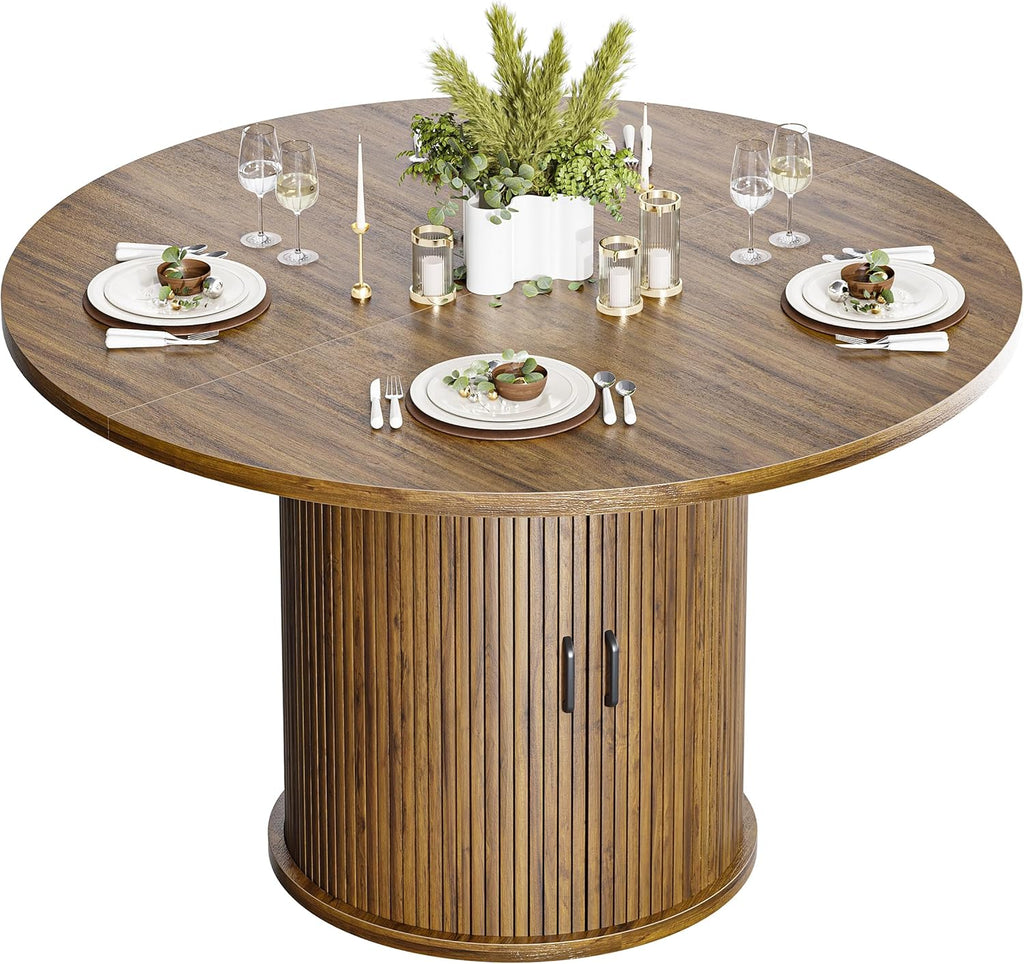 47 Inch Round Dining Table with Storage, 2-Layer Shelf & Wood Slide Door, Farmhouse Style, Waterproof Top, 330 lbs Capacity, for 4-6 Person, Easy Assembly, Walnut