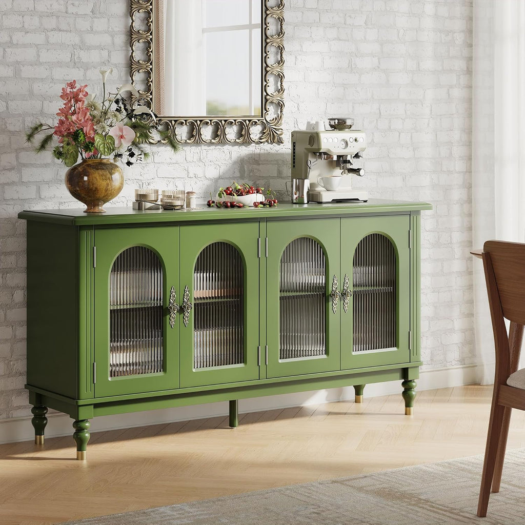 iPormis Fluted Arched Buffet Cabinet with Storage, 59" Vintage Sideboard with Glass Door & Adjustable Shelves, Mid Century Modern Solid Wood Credenza Accent Cabinet for Living Room, Entryway, Green