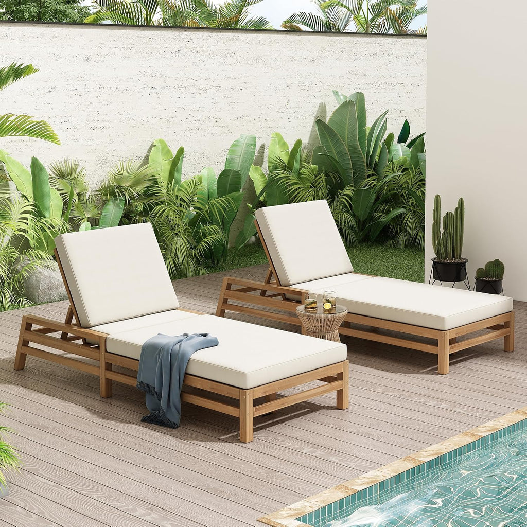 KLMM 5-Position Adjustable Outdoor Chaise Lounge Set of 2, Solid Wood Patio Recliner Chair with Thick Cushions,for Pool, Balcony & Garden (Light Teak/2)