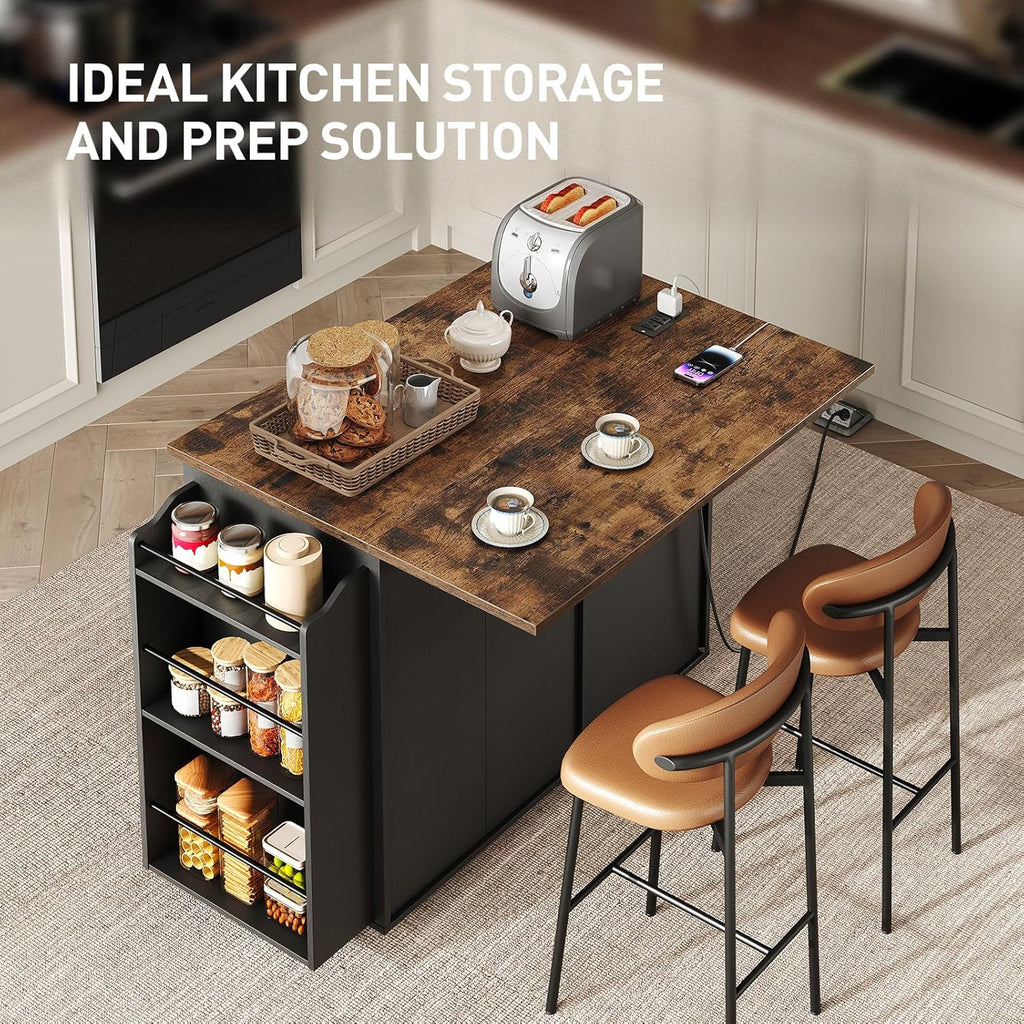 RALGEND Kitchen Island with Power Outlet & Drop Leaf, Mobile Rolling Cart with Trash Can Storage, 3-Tier Spice Rack, Island Table for Kitchen, Dining Room, Black and Rustic Brown