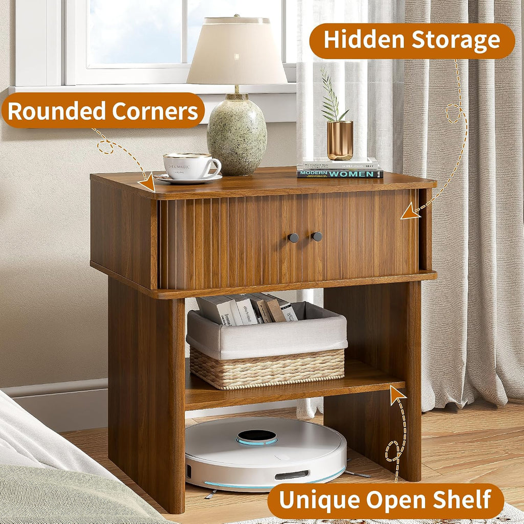 Nightstand with Fluted Sliding Door, 3-Tier Side Table with Hidden Cabinet and Open Storage, 21.7" Wide Modern End Table, for Living Room, Bedroom, Dorm, Spacious Desktop Space, Walnut Brown