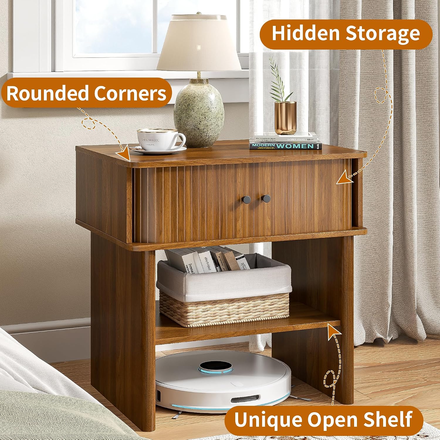 Nightstand with Fluted Sliding Door, 3-Tier Side Table with Hidden Cabinet and Open Storage, 21.7" Wide Modern End Table, for Living Room, Bedroom, Dorm, Spacious Desktop Space, Walnut Brown