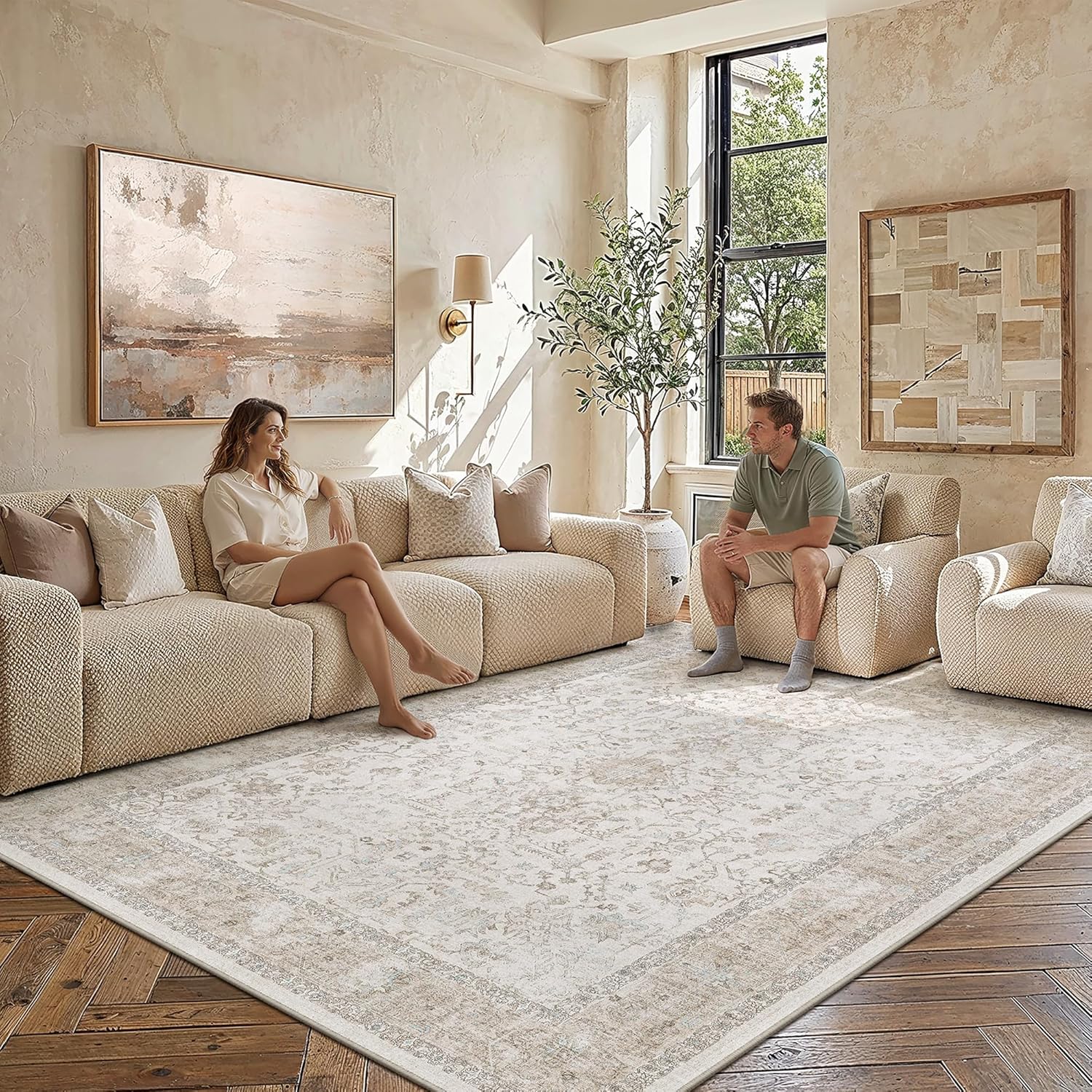 PureCozy 8x10 Washable Neutral Area Rug Beige Vintage Large Carpet for Living Room Non-Slip Low Pile Retro Floral Farmhouse Accent Throw Rugs for Bedroom Office Nursery Dorm Dining Room