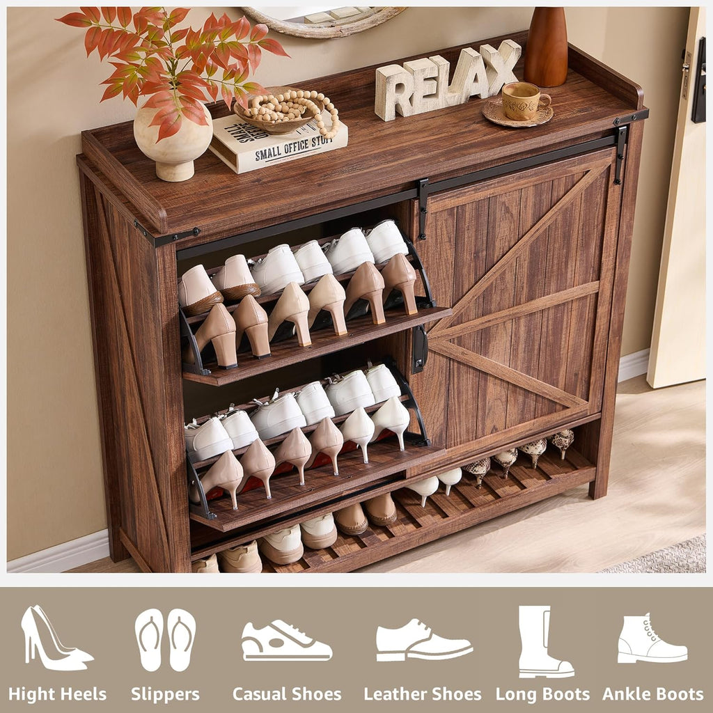 OKD Shoe Storage Cabinet with 2 Flip Drawers & Sliding Door, Farmhouse Entryway Shoe Organizer, Freestanding Rustic Hidden Shoe Rack Cabinet for Entryway, Rustic Walnut
