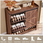 OKD Shoe Storage Cabinet with 2 Flip Drawers & Sliding Door, Farmhouse Entryway Shoe Organizer, Freestanding Rustic Hidden Shoe Rack Cabinet for Entryway, Rustic Walnut