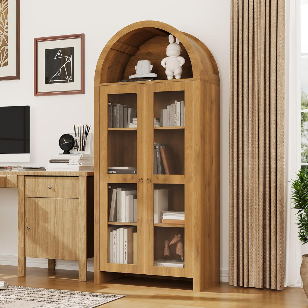 CuisinSmart 70" Tall Arched Storage Cabinet with 2 Acrylic Doors, Wooden Pantry Cabinet with Adjustable Shelves, Modern Accent Bookshelf for Kitchen, Dining Room, Living Room, Laundry, Oak