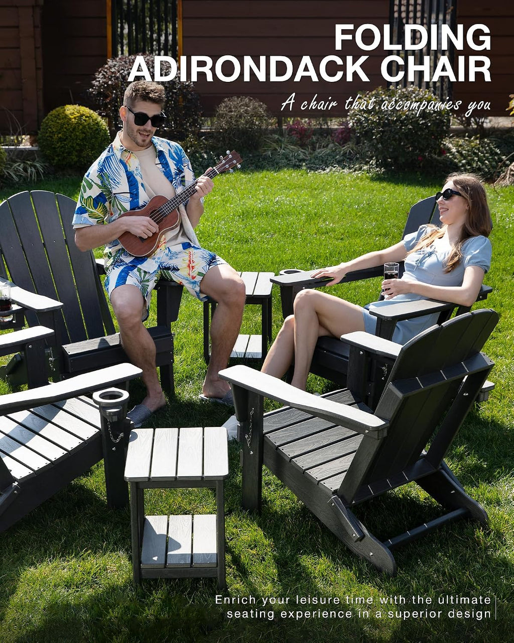 Folding Adirondack Chair, Patio Chair Wood Texture, Outdoor Chair Weather Resistant, Fire Pit Chair with Cup Holder, Composite Adirondack Chair Set of 2(Navy Blue)