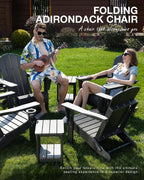 Folding Adirondack Chair, Patio Chair Wood Texture, Outdoor Chair Weather Resistant, Fire Pit Chair with Cup Holder, Composite Adirondack Chair Set of 2(Navy Blue)