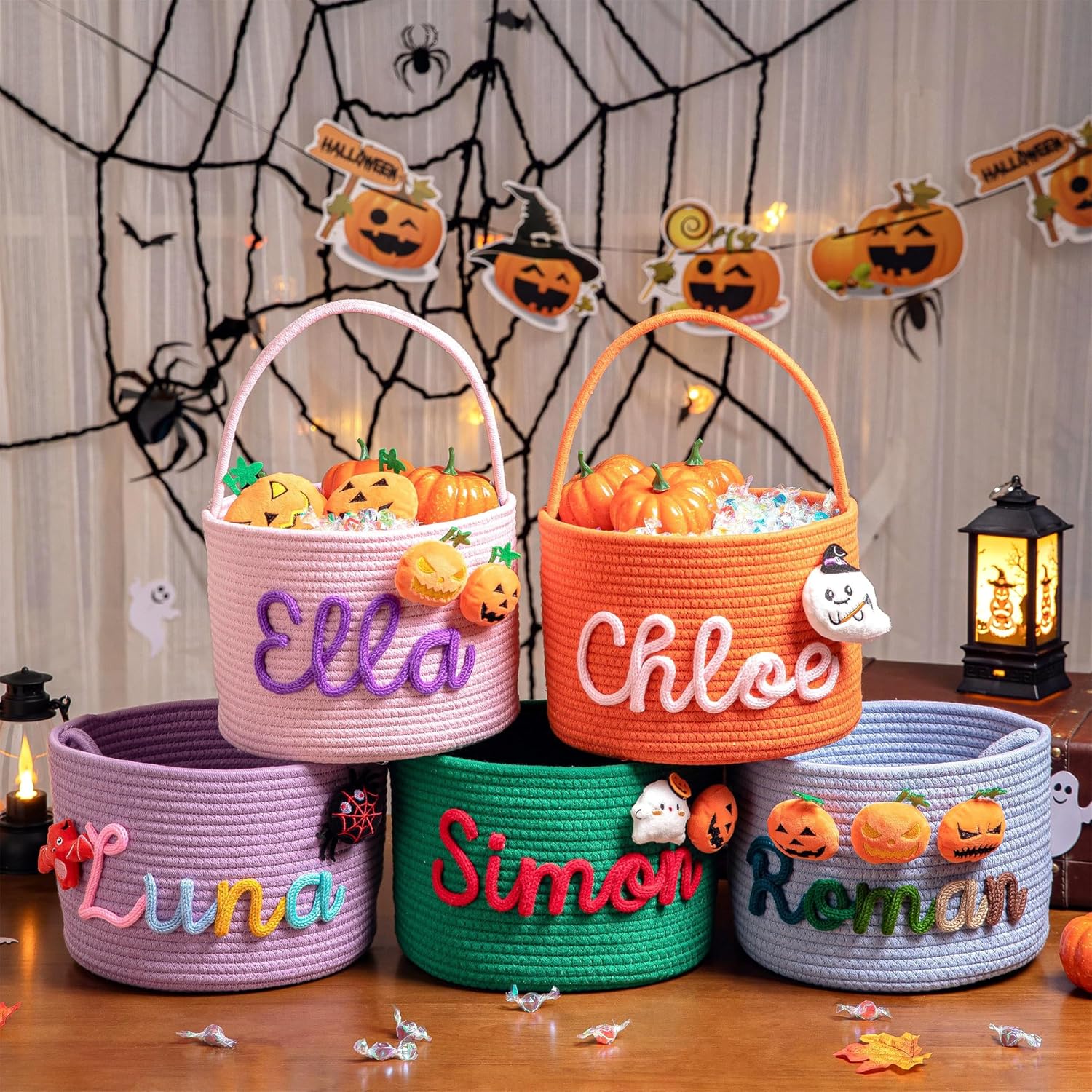 FKOG Halloween Candy Basket, Custom Cotton Rope Storage Bin with Handle, Personalized Trick or Treat Container, Decorative Pumpkin Design (Orange)