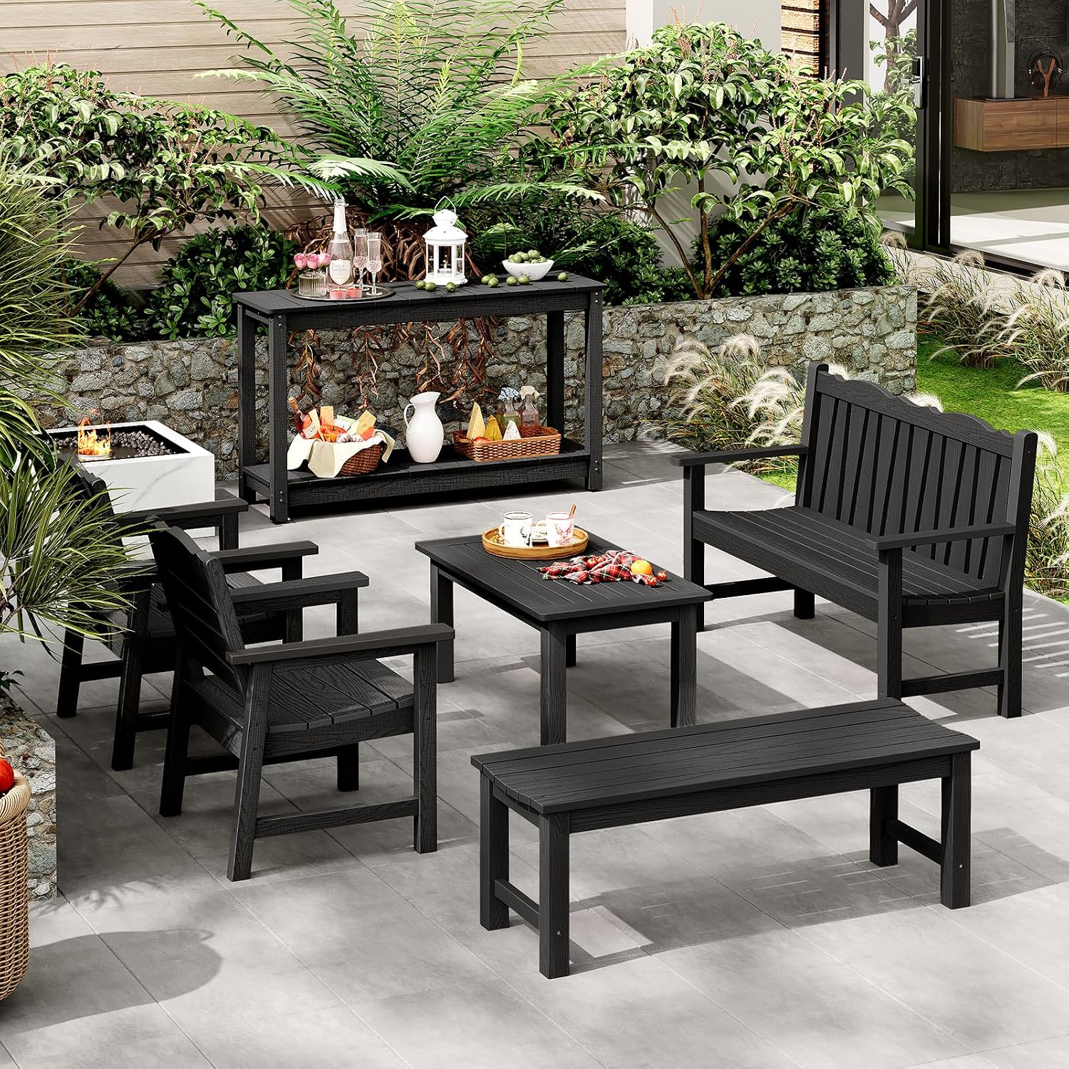 Outdoor Console Table, 48" Weather Resistant HIPS Patio Side Table, 440LBS Weight Capacity, 2-Tier Multifunctional Buffet Bar Storage Organizer for Garden Deck, Black