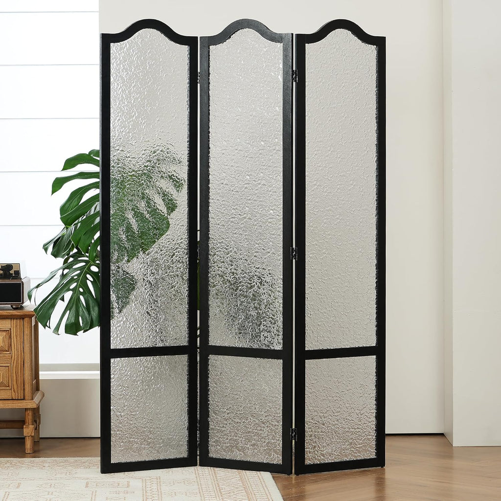 JOSTYLE Acrylic Room Divider, Black, 3-Panel, 67" H x 47.2" W | Folding Privacy Screen, Frosted Glass Like, Wood Frame, For Bedroom Office & Loft