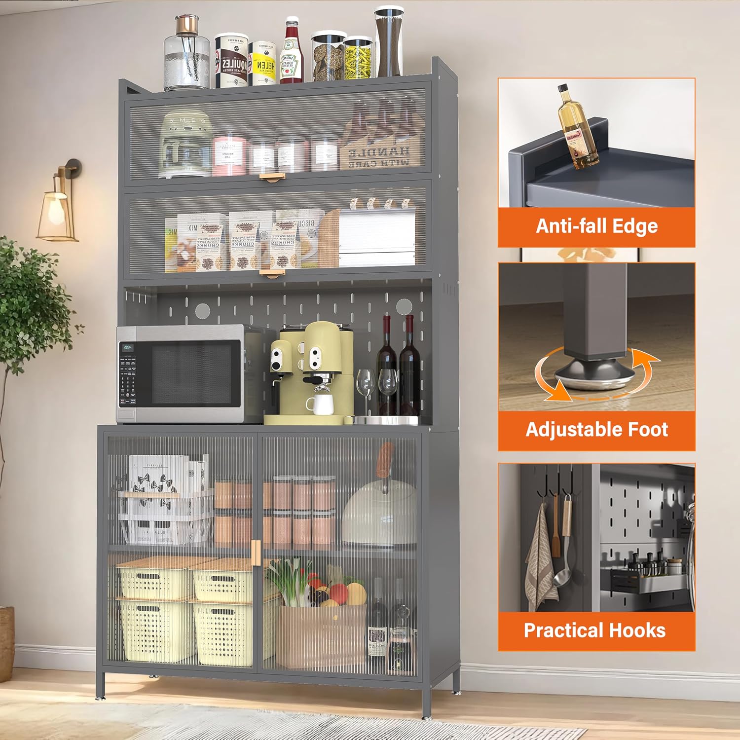 73'' Tall Kitchen Pantry Cabinet, 2 Level Flip Door with Pegboard Metal,Anti-Tip Design Hutch for Kitchen,Dining Room, (Gray)