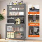73" Pantry Cabinet Kitchen Hutch Cabinet with Doors & Adjustable Shelves, Stylish Metal Sideboard Cupboard Storage Cabinet, Anti-Tip Design Hutch for Kitchen Dining Room(Grey)