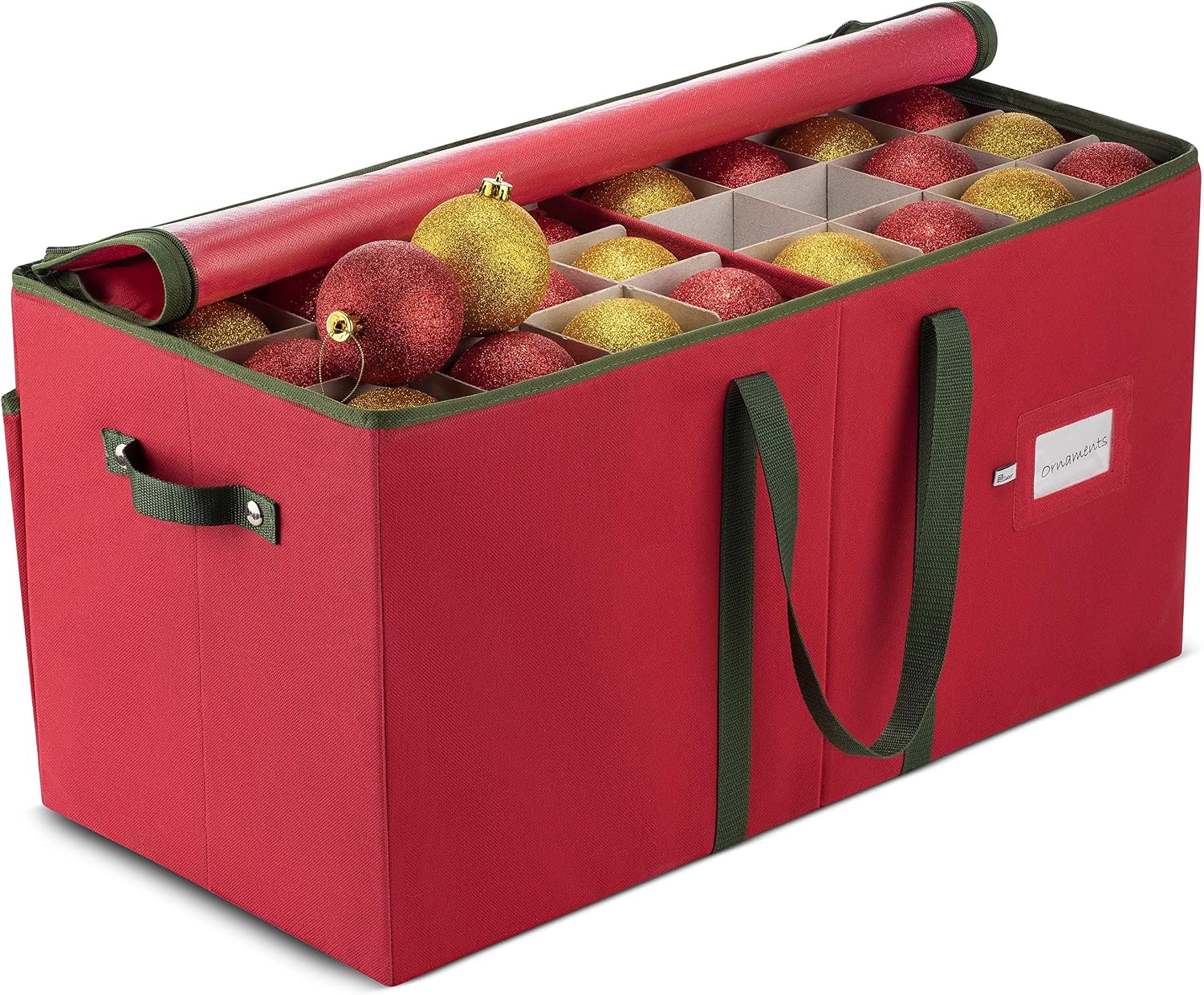 Christmas Ornament Storage Box 128 Capacity - Durable Tear-Proof Fabric Organizer with Adjustable Dividers & Dual Zipper for 3 Inch Christmas Ornament Storage, Red Large Ornament Storage Box