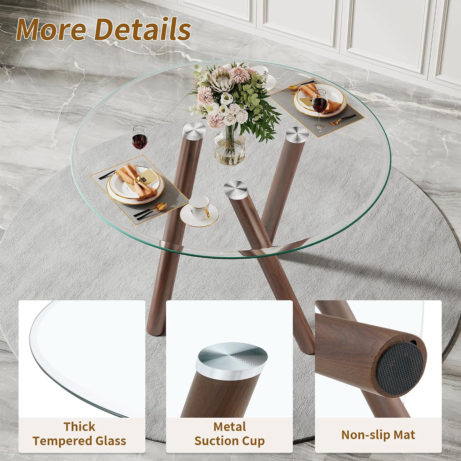 LKTART Small Glass Dining Table for 2-4 People, 35" Round Dining Table with Metal Legs, Glass Kitchen Table for Dining Room Home Office Small Spaces, Walnut