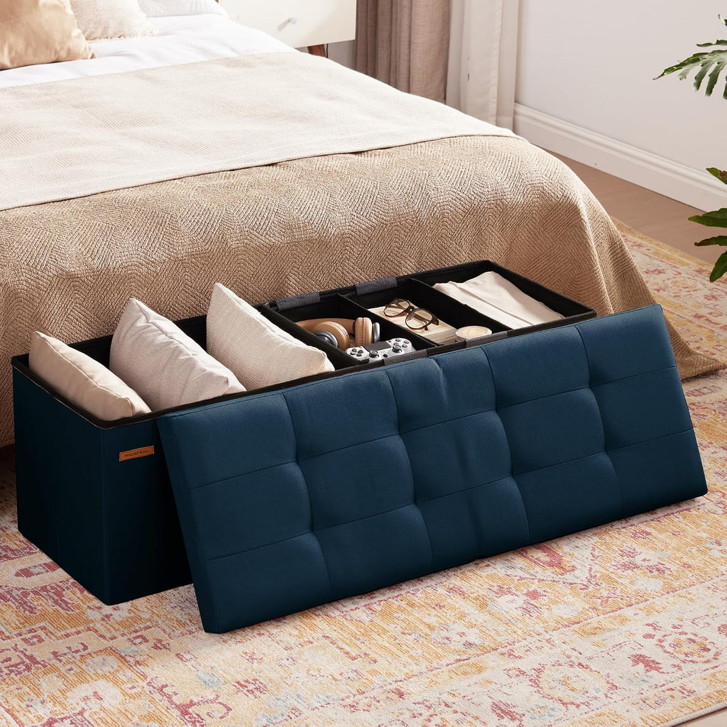 HAUSFRAU Storage Ottoman Bench with Flipping Lid, 43.3 Inches Storage Chest Footsrest, Folding Foot Stool for Entryway, Living Room, Bedroom, Linen Navy Blue