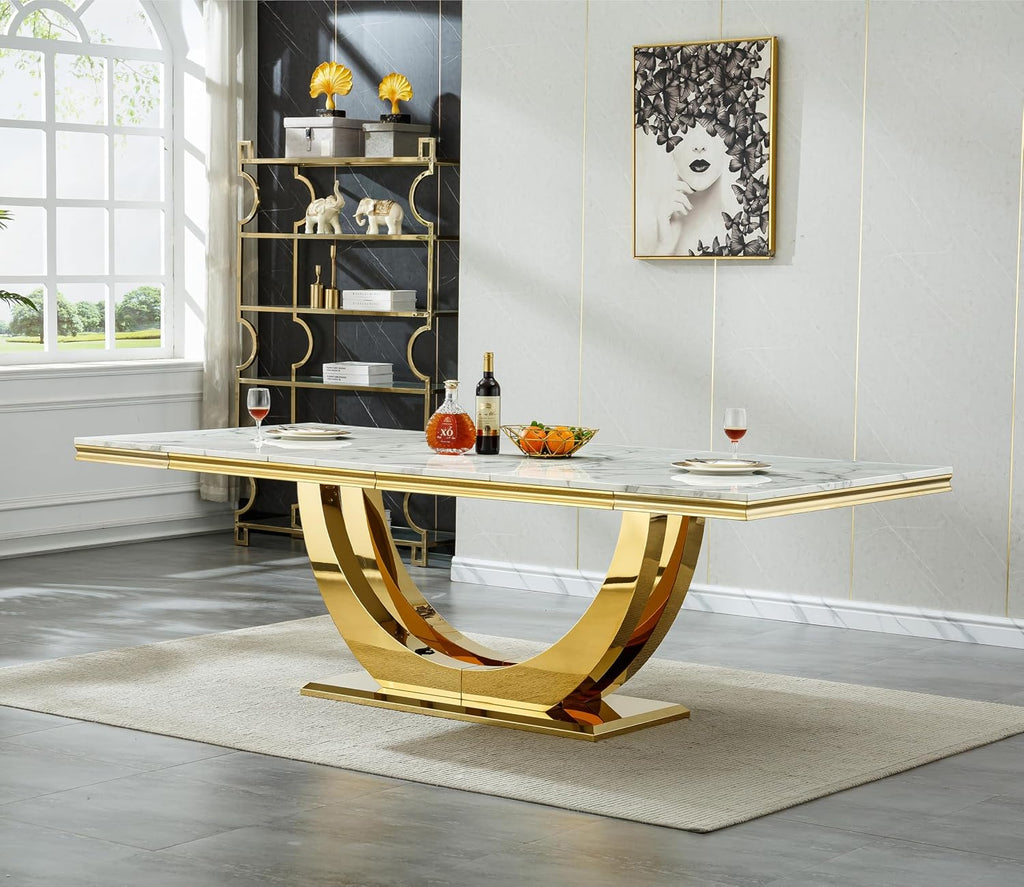 Henf 95 Inch White Faux Marble Dining Room Table for 4 6 8 10, Modern Gold Kitchen Table with U-Shape Stainless Steel Pedestal, Luxury Large Rectangle Dinner Tables for Kitchen, Dining Room