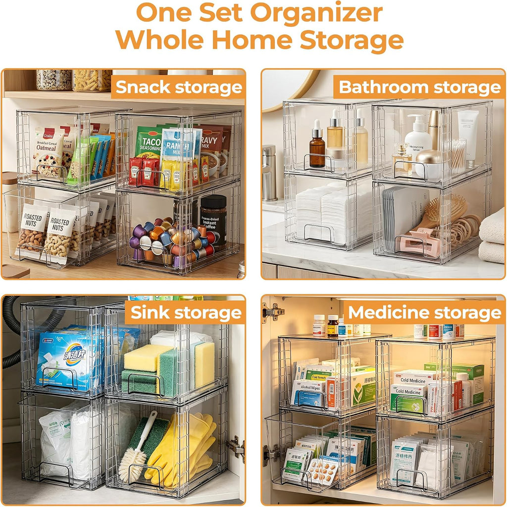 4 Pack Stackable Acrylic Storage Drawers – Clear Plastic Organizer Bins, Easy to Assemble, Suitable for Bathroom, Undersink, Kitchen, Pantry, Makeup, Medicine Organization