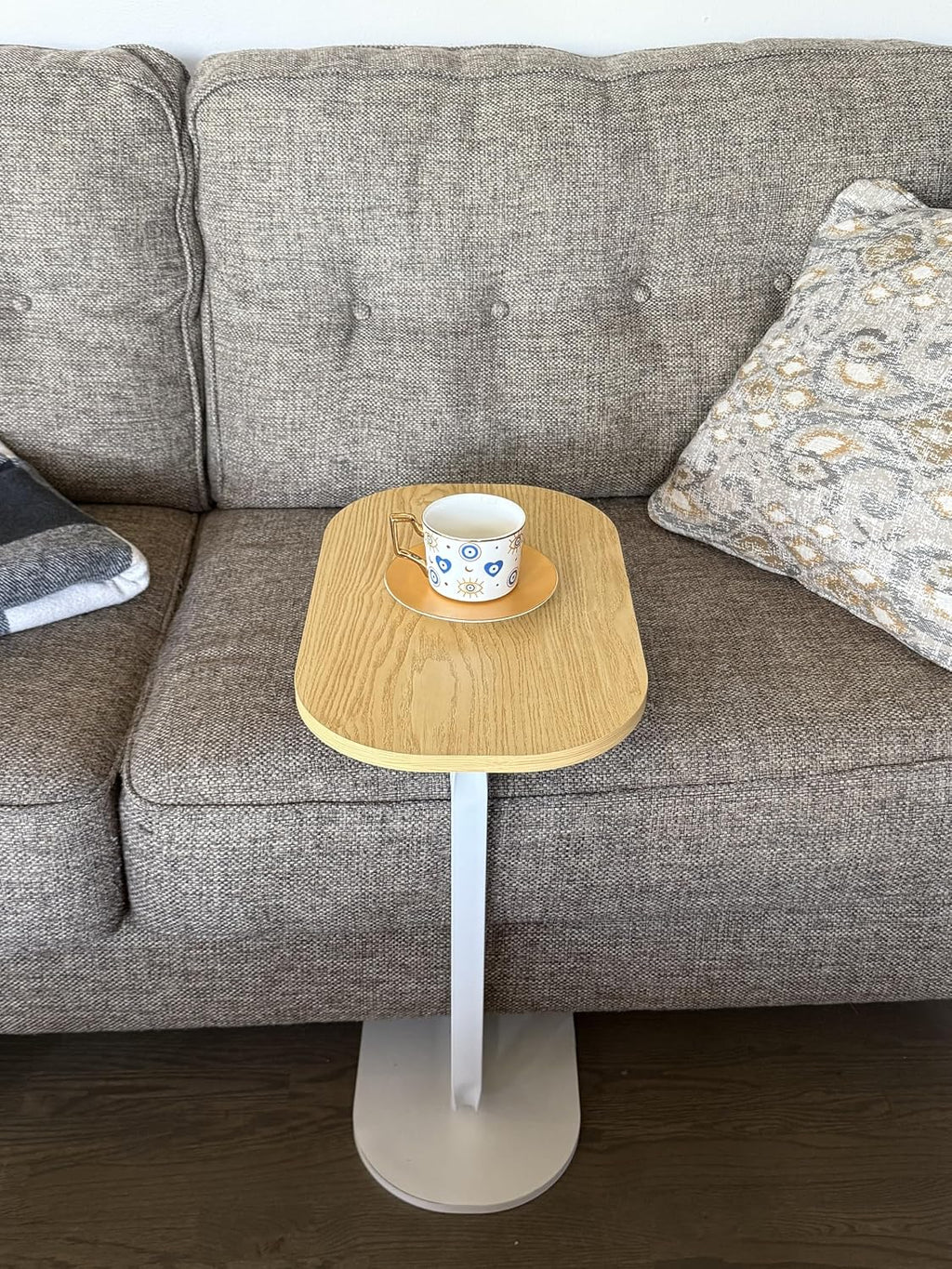 C Shape End Table with Oval Top, Wood Brown Beige Grain and White Metal Base, Sofa Side Table for Coffee and Laptop
