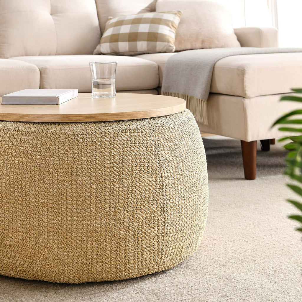 Modern Round Storage Ottoman with Wooden Top,Handmade Luxury Pleated Circle Fabric Storage Ottoman Coffee Table,End Table & Footstool for Living Room（Natural）
