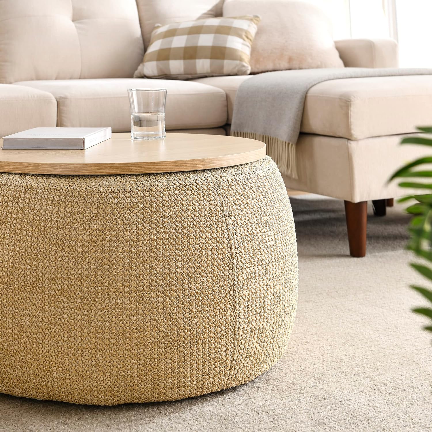 Modern Round Storage Ottoman with Wooden Top,Handmade Luxury Pleated Circle Fabric Storage Ottoman Coffee Table,End Table & Footstool for Living Room（Natural）