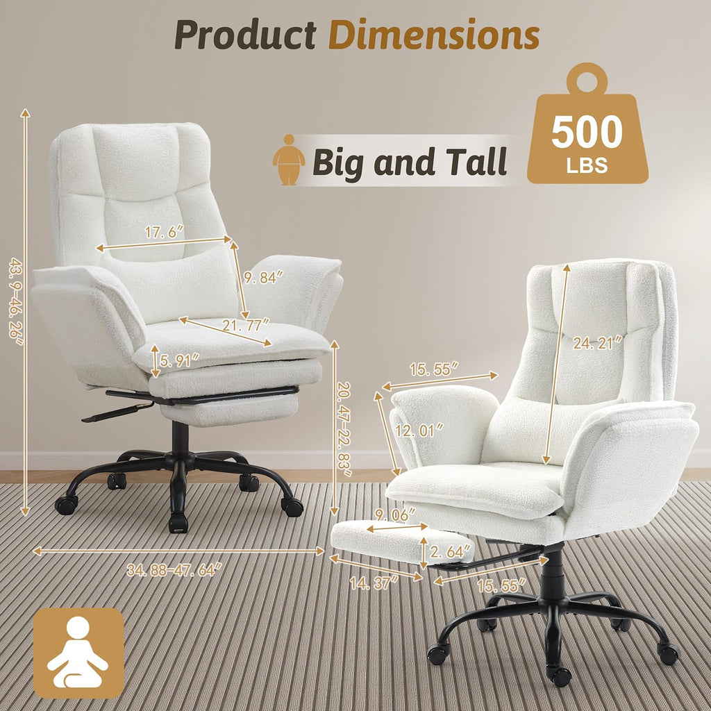 Office Chair,Big and Tall Heavy-Duty Executive Reclining Computer Gaming Chair with Footrest,Flip Armrests,Lumbar Pillow&Thicken Wider Seat for Criss Cross Legged Desk Vanity Chair,Teddy Fabric White