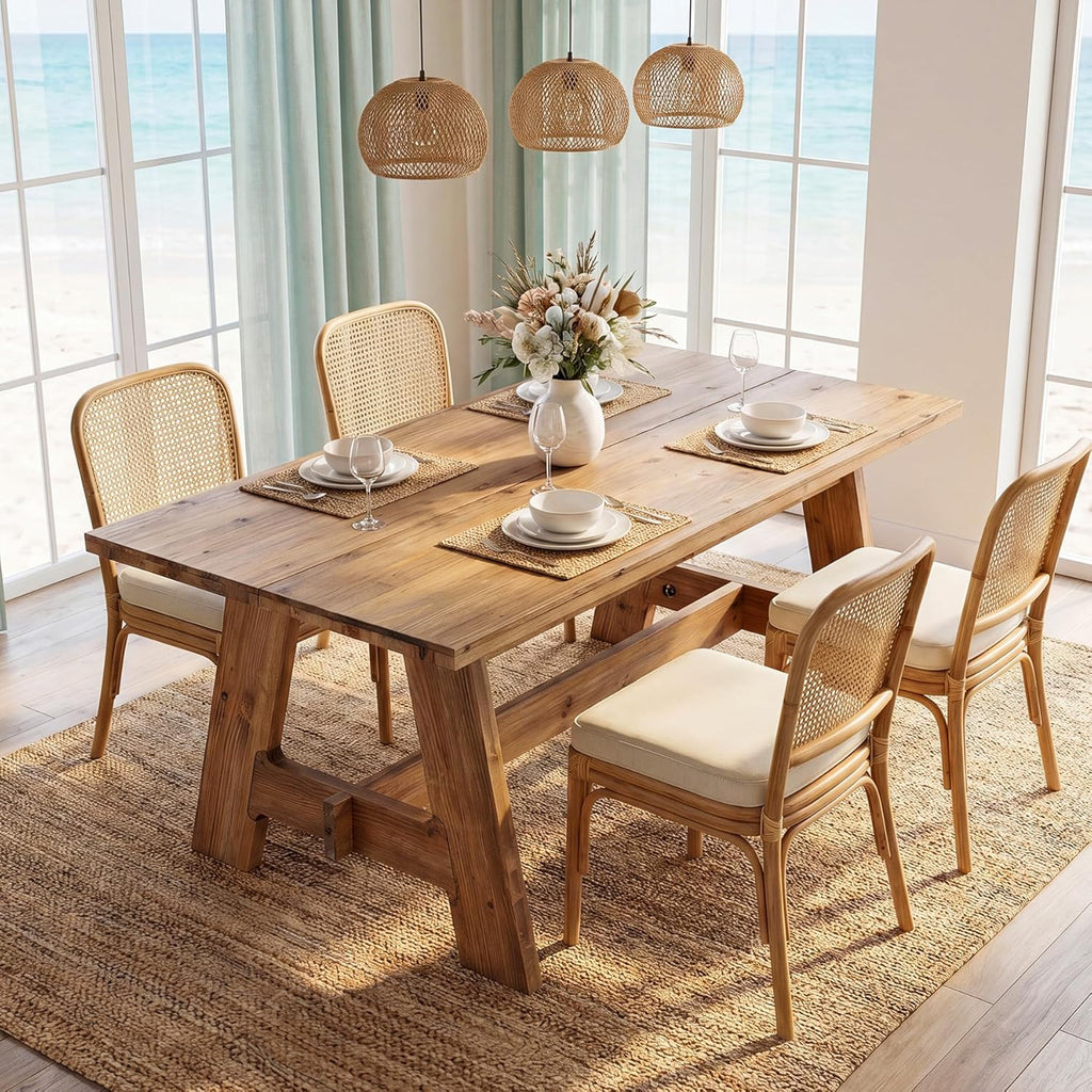 63-Inch Farmhouse Dining Table for 4-6, Natural Solid Wood Rectangle Kitchen Table, Rustic Wooden Dinner Furniture with Sturdy Trestle Base for Dining Room, Kitchen