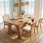 63-Inch Farmhouse Dining Table for 4-6, Natural Solid Wood Rectangle Kitchen Table, Rustic Wooden Dinner Furniture with Sturdy Trestle Base for Dining Room, Kitchen