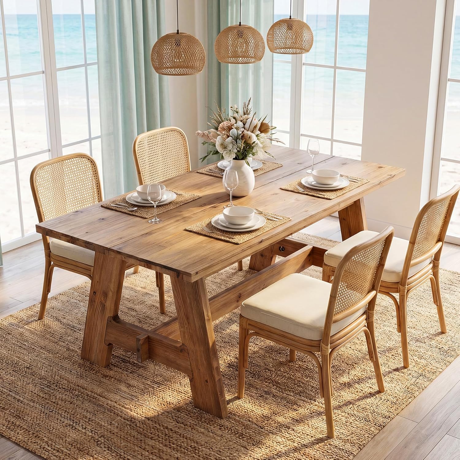 63-Inch Farmhouse Dining Table for 4-6, Natural Solid Wood Rectangle Kitchen Table, Rustic Wooden Dinner Furniture with Sturdy Trestle Base for Dining Room, Kitchen