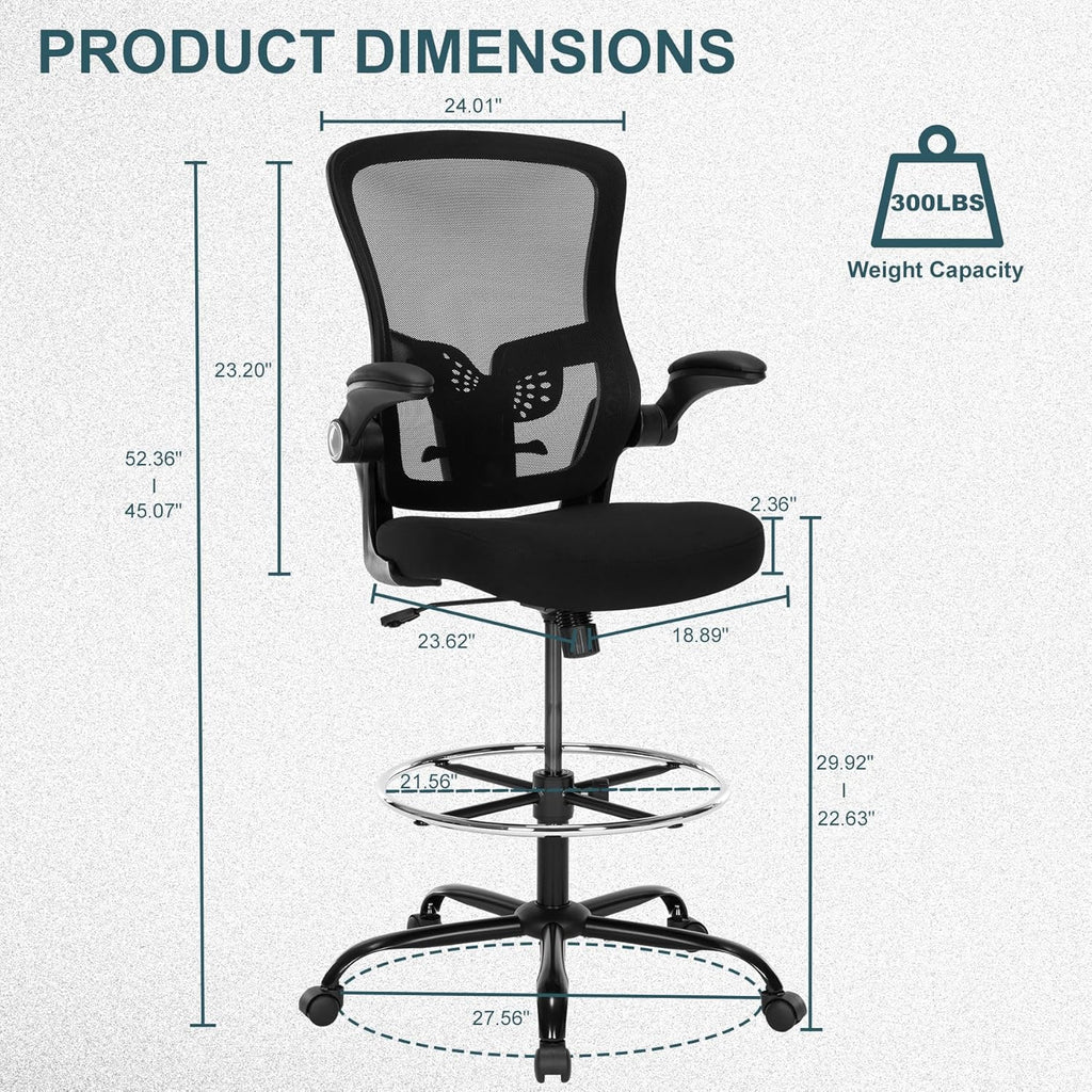 Ergonomic Drafting Chair – Tall Office Chair for Standing Desk, Adjustable Height Mesh Chair with Footrest and Flip-Up Arms, Counter Height, Black