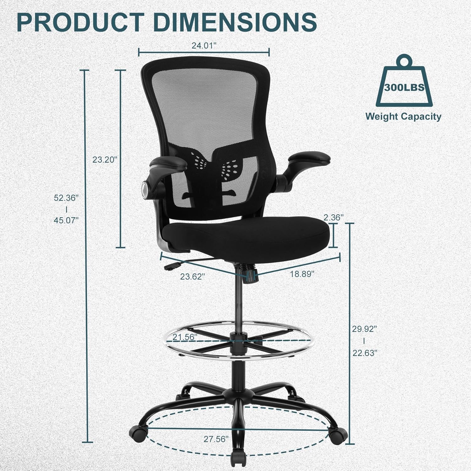 Ergonomic Drafting Chair – Tall Office Chair for Standing Desk, Adjustable Height Mesh Chair with Footrest and Flip-Up Arms, Counter Height, Black