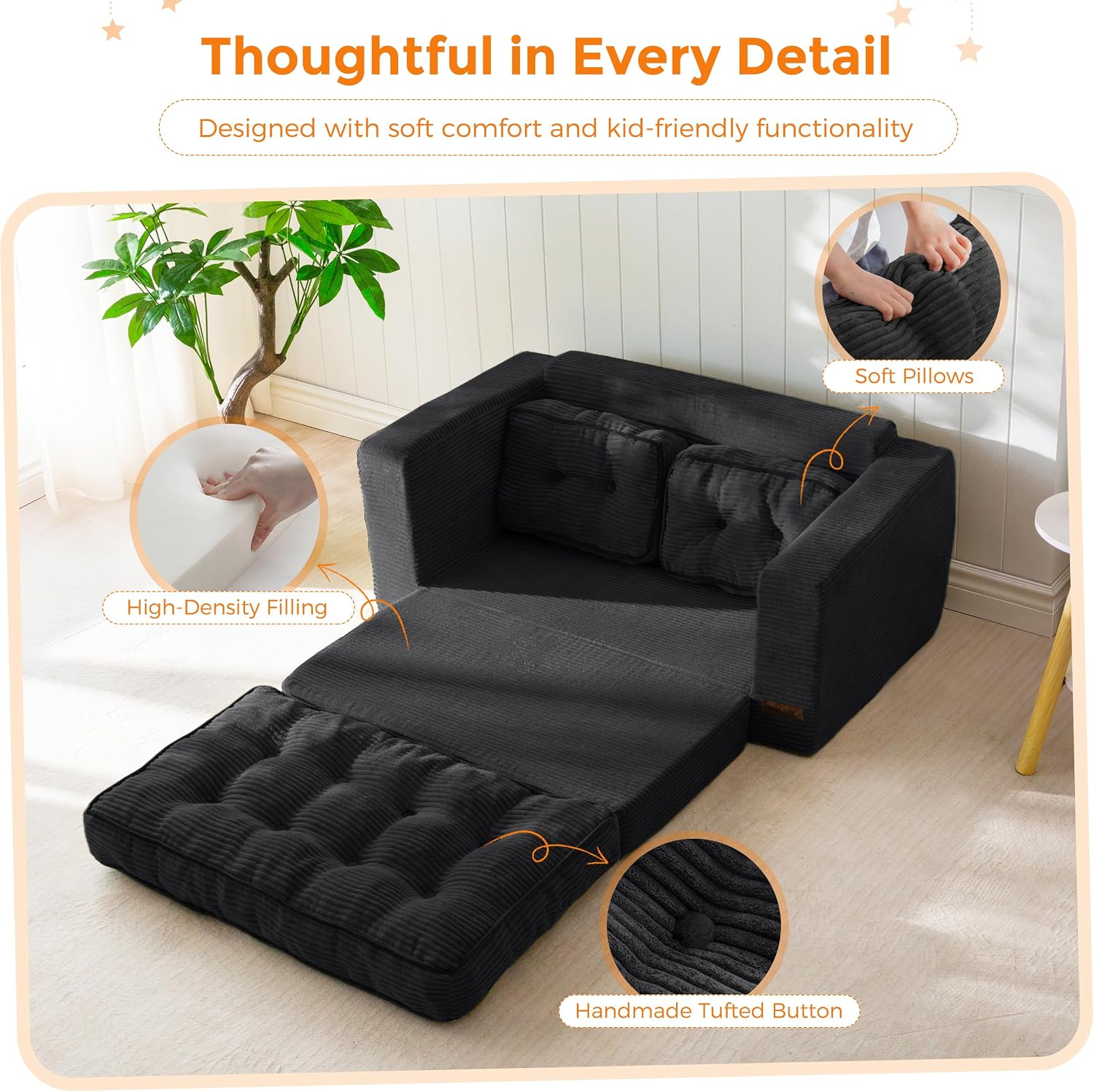 MAXYOYO Convertible Sofa Bed for Boys and Girls, Floor Kids Bean Bag Chair | Pull Out Folding Kids Sofa Chair, Comfy Kids Bean Bag Chair for Playroom, Gift for Children's Day & Birthday